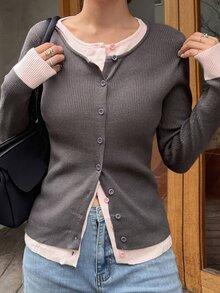 FRIFUL Women's Casual 2in1 Single-Breasted Round Neck Long Sleeve Cardigan - Grey - View 3