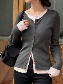 FRIFUL Women's Casual 2in1 Single-Breasted Round Neck Long Sleeve Cardigan - Grey - View 1
