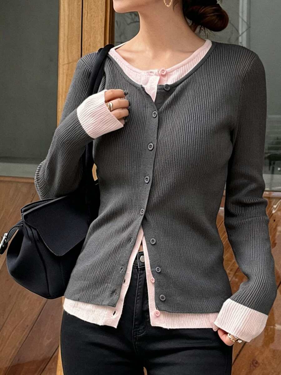 FRIFUL Women's Casual 2in1 Single-Breasted Round Neck Long Sleeve Cardigan - Grey - View 1
