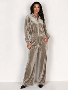Glamine Vintage Contrast Trim Velvet Zipper Loose Jacket High Waist Draped Wide Leg Long Pants Sportswear Set - Brown - View 7