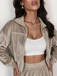 Glamine Vintage Contrast Trim Velvet Zipper Loose Jacket High Waist Draped Wide Leg Long Pants Sportswear Set - Brown - View 8