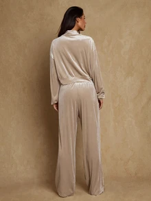 Glamine Vintage Contrast Trim Velvet Zipper Loose Jacket High Waist Draped Wide Leg Long Pants Sportswear Set - Brown - View 2