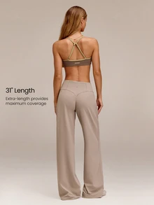 GLOWMODE FeatherFit™ Elegant Glow Ruched Waistband Wide-Leg Pants With Back Pocket Low Impact Yoga Pilates Studio Daily Casual - Khaki - View 2