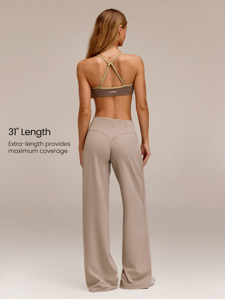 GLOWMODE FeatherFit™ Elegant Glow Ruched Waistband Wide-Leg Pants With Back Pocket Low Impact Yoga Pilates Studio Daily Casual - Khaki - View 2
