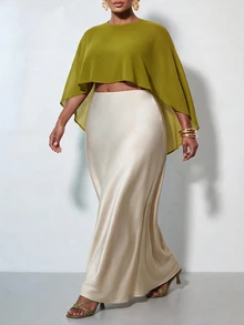 Zivah New Fall/Winter Plus Size Women's Mustard Green Asymmetrical Chiffon Top/ Elegant/Autumn/Holiday/Festival/Vacation/Boho/Commuter/Concert/Travel - Olive Green - View 9