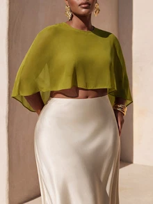Zivah New Fall/Winter Plus Size Women's Mustard Green Asymmetrical Chiffon Top/ Elegant/Autumn/Holiday/Festival/Vacation/Boho/Commuter/Concert/Travel - Olive Green - View 11