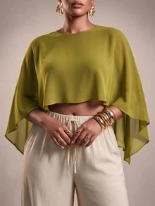Zivah New Fall/Winter Plus Size Women's Mustard Green Asymmetrical Chiffon Top/ Elegant/Autumn/Holiday/Festival/Vacation/Boho/Commuter/Concert/Travel - Olive Green - View 2