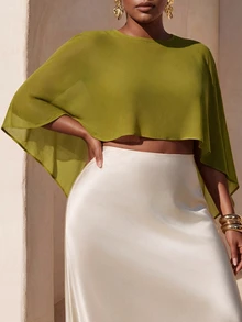 Zivah New Fall/Winter Plus Size Women's Mustard Green Asymmetrical Chiffon Top/ Elegant/Autumn/Holiday/Festival/Vacation/Boho/Commuter/Concert/Travel - Olive Green - View 10