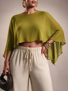 Zivah New Fall/Winter Plus Size Women's Mustard Green Asymmetrical Chiffon Top/ Elegant/Autumn/Holiday/Festival/Vacation/Boho/Commuter/Concert/Travel - Olive Green - View 3