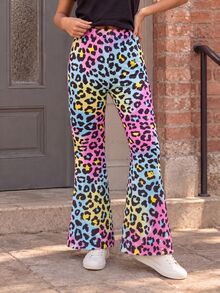SHEIN Young Girls Fashion Animal Leopard Print Flared Athletic Elegant Navy Blue Knit Pants Suitable For Casual Spring Summer Autumn Potty Training - Multicolor - View 2
