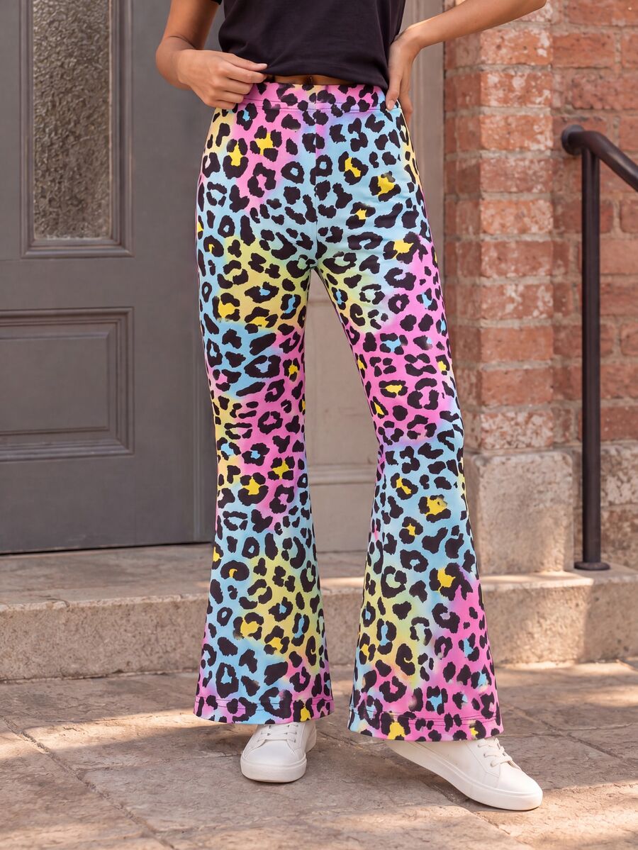 SHEIN Young Girls Fashion Animal Leopard Print Flared Athletic Elegant Navy Blue Knit Pants Suitable For Casual Spring Summer Autumn Potty Training