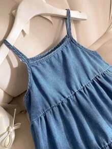 SHEIN Young Girl' Blue Denim Patchwork Layered A-Line Casual Cowgirl Dress Spring Blue - Blue - View 6
