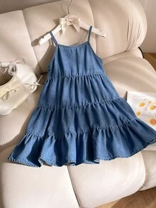SHEIN Young Girl' Blue Denim Patchwork Layered A-Line Casual Cowgirl Dress Spring Blue - Blue - View 4