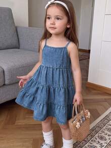 SHEIN Young Girl' Blue Denim Patchwork Layered A-Line Casual Cowgirl Dress Spring Blue - Blue - View 2