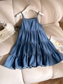 SHEIN Young Girl' Blue Denim Patchwork Layered A-Line Casual Cowgirl Dress Spring Blue - Blue - View 3