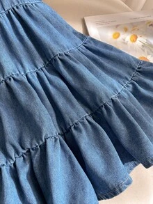 SHEIN Young Girl' Blue Denim Patchwork Layered A-Line Casual Cowgirl Dress Spring Blue - Blue - View 5