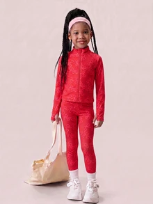 Young Girls Pink Bow Print Jacket And Pants Set, Designed For Young Girl, Made Of Soft Elastic Fabric, Comfortable For All-Day Wear. Suitable For Play, Outdoor Activities And Casual Wear, A Fashionable And Practical Outfit For All Seasons. - Red - View 5
