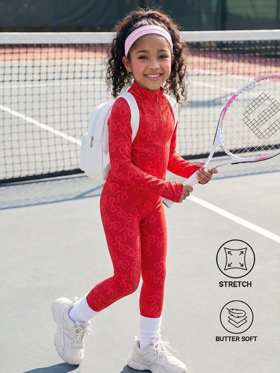 Young Girls Pink Bow Print Jacket And Pants Set, Designed For Young Girl, Made Of Soft Elastic Fabric, Comfortable For All-Day Wear. Suitable For Play, Outdoor Activities And Casual Wear, A Fashionable And Practical Outfit For All Seasons. - Red - View 1