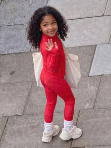 Young Girls Pink Bow Print Jacket And Pants Set, Designed For Young Girl, Made Of Soft Elastic Fabric, Comfortable For All-Day Wear. Suitable For Play, Outdoor Activities And Casual Wear, A Fashionable And Practical Outfit For All Seasons. - Red - View 2