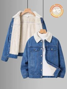 SHEIN 兒童青少年男孩休閒保暖內裡厚丹寧夾克，適合秋冬、學校、家庭聚會、度假、派對 - 彩色 - 查看 3