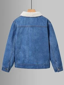 SHEIN 兒童青少年男孩休閒保暖內裡厚丹寧夾克，適合秋冬、學校、家庭聚會、度假、派對 - 彩色 - 查看 4