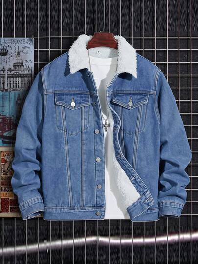 SHEIN Kids Tween Boy Casual Thermal Lined Thick Denim Jacket, Suitable For Autumn/Winter, School, Family Gatherings, Vacation, Party