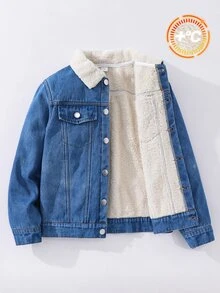 SHEIN 兒童青少年男孩休閒保暖內裡厚丹寧夾克，適合秋冬、學校、家庭聚會、度假、派對 - 彩色 - 查看 1