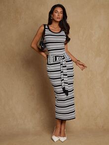SHEIN Glamour Women's Vacation Striped Colorblock Tie-Up Knit Dress - Black and White - View 6