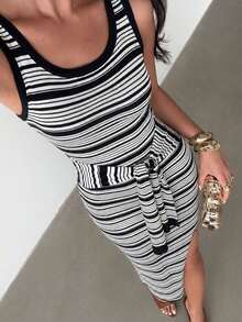 SHEIN Glamour Women's Vacation Striped Colorblock Tie-Up Knit Dress - Black and White - View 8