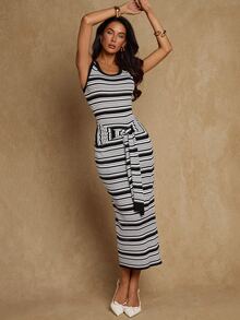SHEIN Glamour Women's Vacation Striped Colorblock Tie-Up Knit Dress - Black and White - View 5