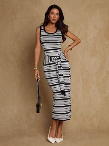 SHEIN Glamour Women's Vacation Striped Colorblock Tie-Up Knit Dress - Black and White - View 4