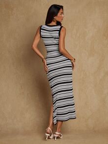 SHEIN Glamour Women's Vacation Striped Colorblock Tie-Up Knit Dress - Black and White - View 2
