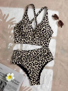 Swim Basics 2 Pieces Women Summer Beach Vacation Leopard Print V-Neck Tankini Swimwear Set - Multicolor - View 3