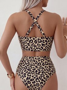 Swim Basics 2 Pieces Women Summer Beach Vacation Leopard Print V-Neck Tankini Swimwear Set - Multicolor - View 2