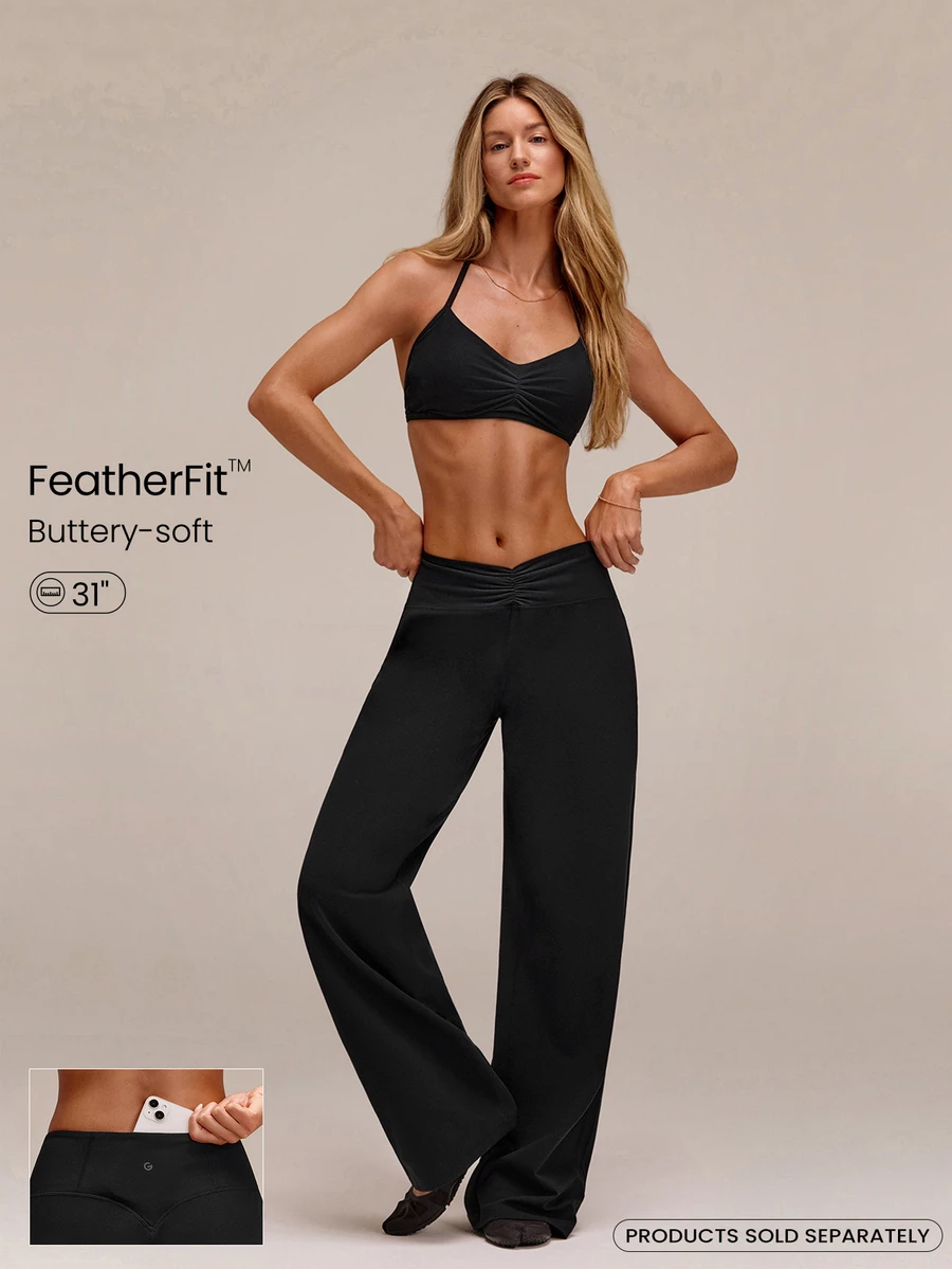 GLOWMODE FeatherFit™ Elegant Glow Ruched Waistband Wide-Leg Pants With Back Pocket Low Impact Yoga Pilates Studio Daily Casual - Black - View 1