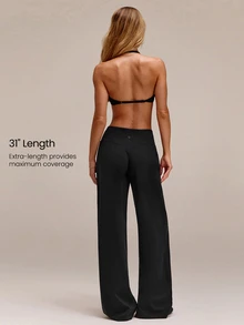 GLOWMODE FeatherFit™ Elegant Glow Ruched Waistband Wide-Leg Pants With Back Pocket Low Impact Yoga Pilates Studio Daily Casual - Black - View 2