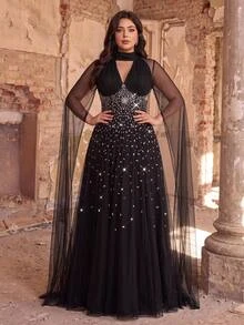 Aureia Plus Size Elegant Black Rhinestone Embellished Halter Keyhole Sheer Mesh Cape Sleeve A-Line Gown For Prom, Wedding Guest, Gala & Formal Evening - Black - View 2