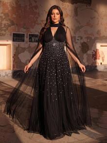 Aureia Plus Size Elegant Black Rhinestone Embellished Halter Keyhole Sheer Mesh Cape Sleeve A-Line Gown For Prom, Wedding Guest, Gala & Formal Evening - Black - View 11
