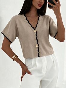 Aloruh New Minimalist Fashion Commuter Deep V-Neck Short Sleeve Thin Double Button Waist-Cinching Curved Colorblock Fitted Casual Versatile Cardigan - Multicolor - View 4