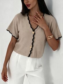 Aloruh New Minimalist Fashion Commuter Deep V-Neck Short Sleeve Thin Double Button Waist-Cinching Curved Colorblock Fitted Casual Versatile Cardigan - Multicolor - View 9