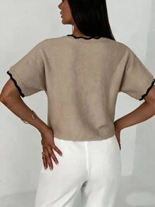 Aloruh New Minimalist Fashion Commuter Deep V-Neck Short Sleeve Thin Double Button Waist-Cinching Curved Colorblock Fitted Casual Versatile Cardigan - Multicolor - View 5