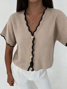 Aloruh New Minimalist Fashion Commuter Deep V-Neck Short Sleeve Thin Double Button Waist-Cinching Curved Colorblock Fitted Casual Versatile Cardigan - Multicolor - View 6