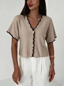 Aloruh New Minimalist Fashion Commuter Deep V-Neck Short Sleeve Thin Double Button Waist-Cinching Curved Colorblock Fitted Casual Versatile Cardigan - Multicolor - View 8