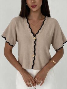 Aloruh New Minimalist Fashion Commuter Deep V-Neck Short Sleeve Thin Double Button Waist-Cinching Curved Colorblock Fitted Casual Versatile Cardigan - Multicolor - View 7