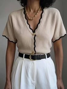 Aloruh New Minimalist Fashion Commuter Deep V-Neck Short Sleeve Thin Double Button Waist-Cinching Curved Colorblock Fitted Casual Versatile Cardigan - Multicolor - View 3