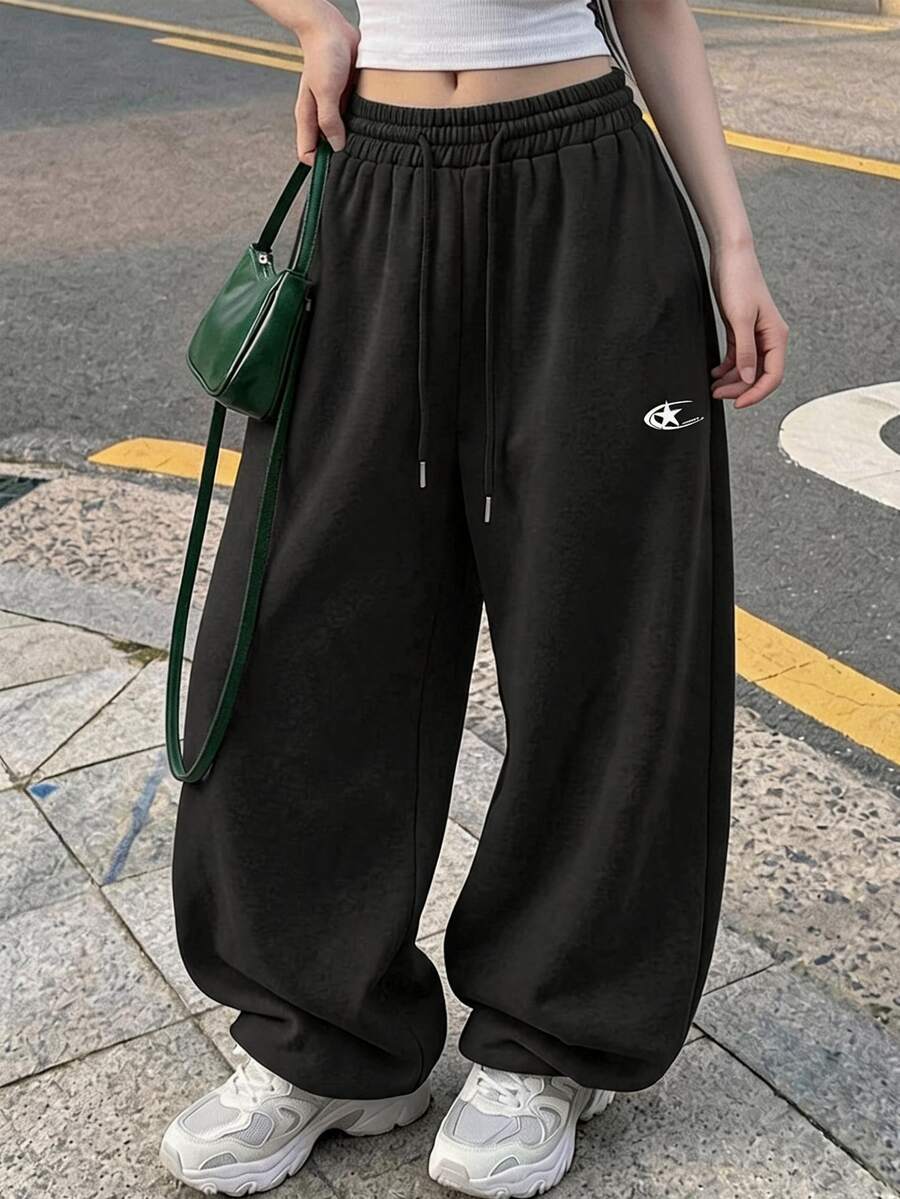 DAZY Women's Loose Curved Leg Printed Sweatpants, Casual Sports Streetwear Long Pants For Spring And Autumn Vacation - Black - View 1