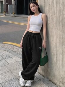 DAZY Women's Loose Curved Leg Printed Sweatpants, Casual Sports Streetwear Long Pants For Spring And Autumn Vacation - Black - View 2