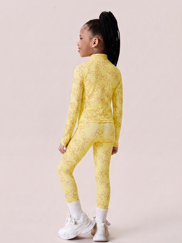 Young Girls Pink Bow Print Jacket And Pants Set, Designed For Young Girl, Made Of Soft Elastic Fabric, Comfortable For All-Day Wear. Suitable For Play, Outdoor Activities And Casual Wear, A Fashionable And Practical Outfit For Young Girl All Year Round. - Yellow - View 4