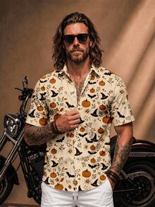 Fenqiro Men's Halloween Pumpkin, Bat & Witch Hat Print Shirt, Short Sleeve Button-Up Top For Costume Parties, Fall Festivals And Casual Wear - Multicolor - View 3