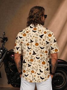 Fenqiro Men's Halloween Pumpkin, Bat & Witch Hat Print Shirt, Short Sleeve Button-Up Top For Costume Parties, Fall Festivals And Casual Wear - Multicolor - View 2